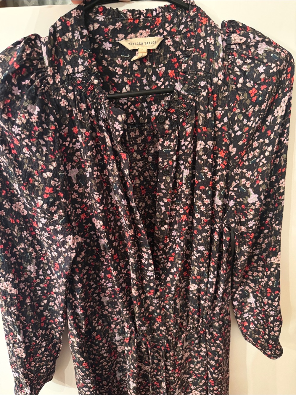 Rebecca Taylor Black Floral Button-Front Midi Dress with Pink and Red Blooms